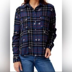 Bee’s Nanette Lapore Dress Blouse silver embroidered blue red white & blk plaid